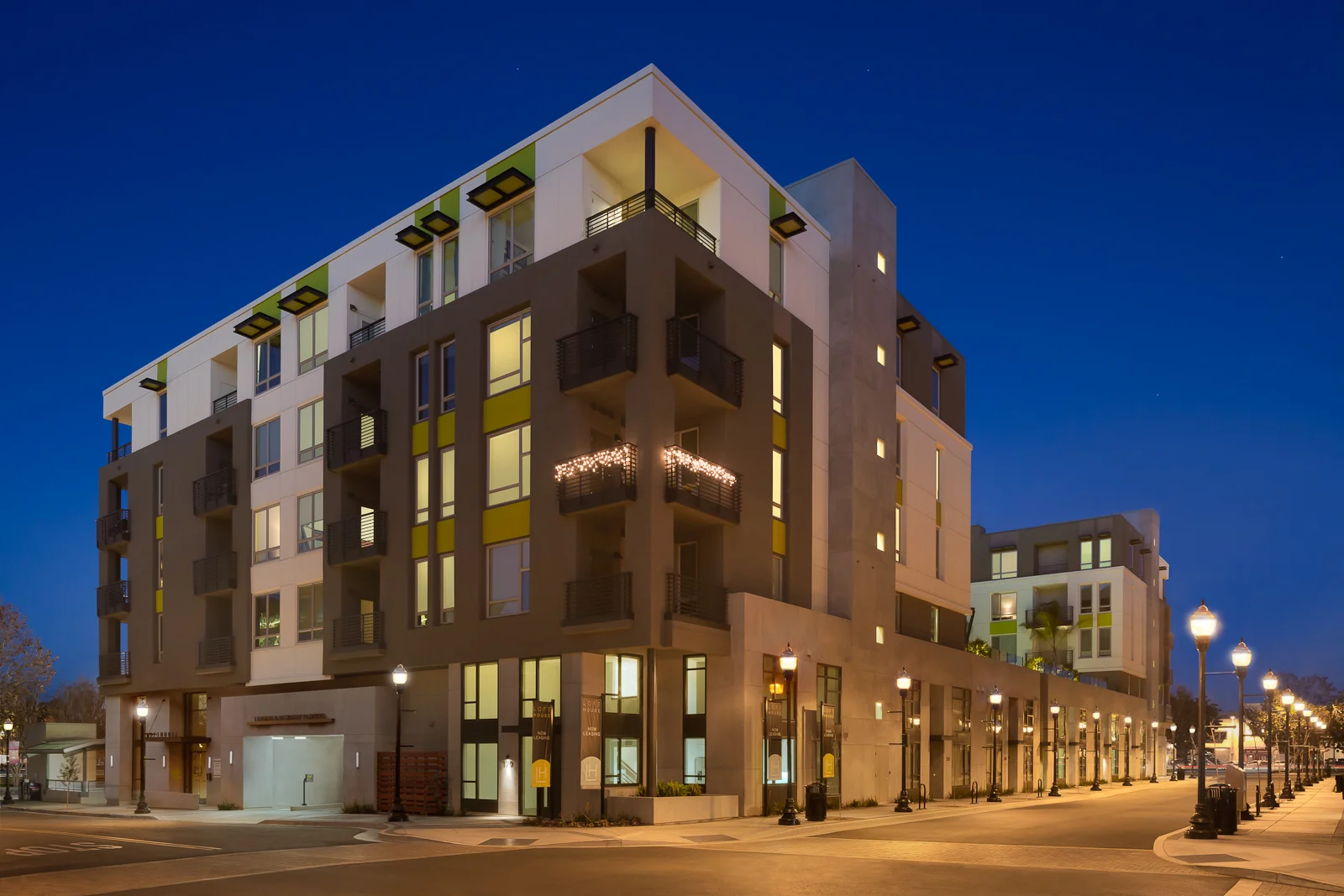 Apartment community at dusk